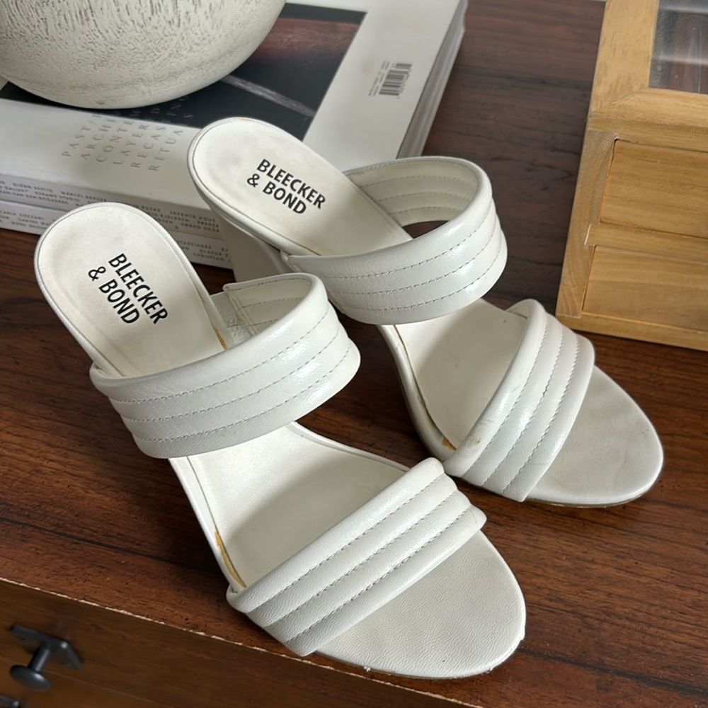 Bleeker And Bond White Block Heeled Sandal